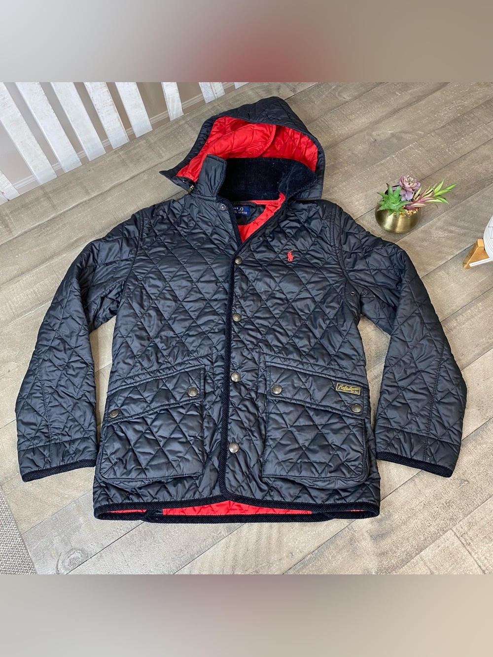 Polo Ralph Lauren Boys Black Diamond Quilted Jacket Red Lining Hooded Size 10